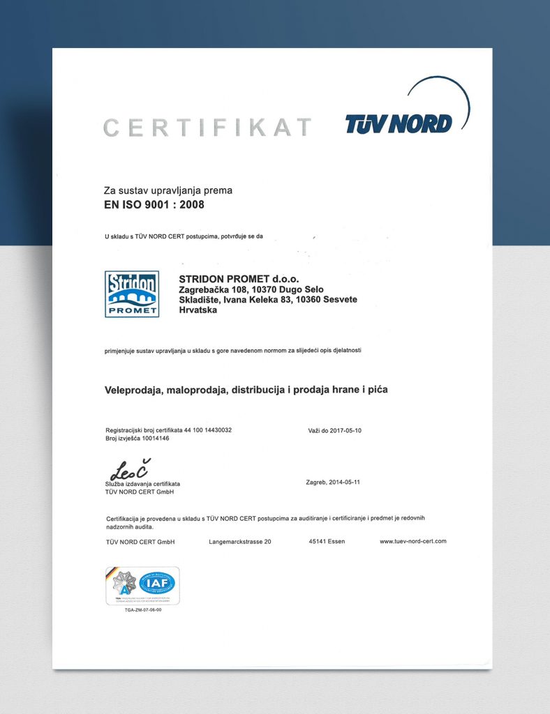 Certifikat TUV NORD - EN ISO 9001: 2008