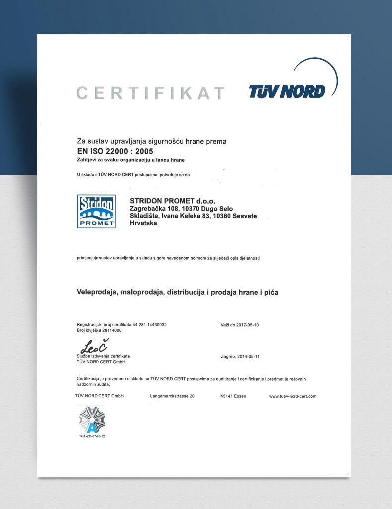 Certifikat TUV NORD - EN ISO 22000 : 2005