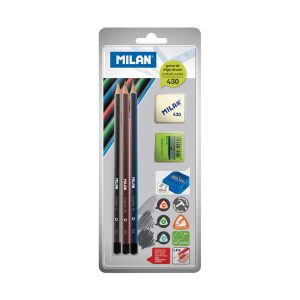 Set Milan: grafitne olovke:HB/B/2B + šiljilo+gumica 430, blister P25