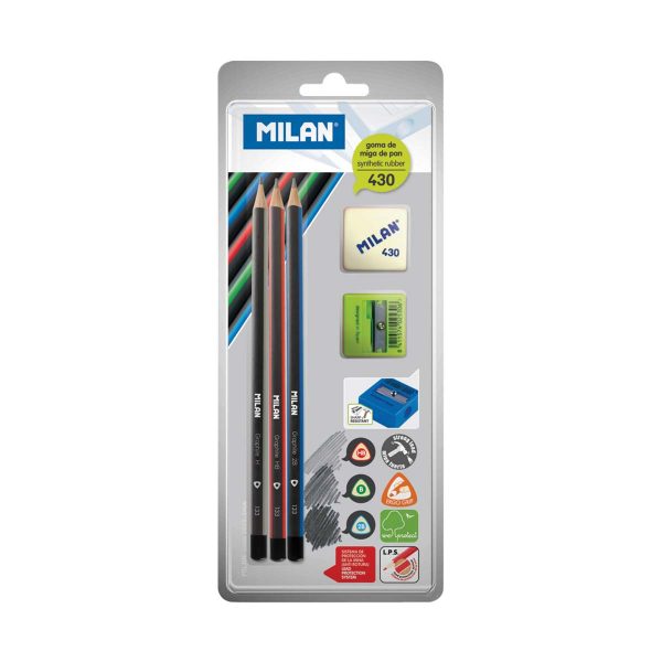 Set Milan: grafitne olovke:HB/B/2B + šiljilo+gumica 430, blister P25